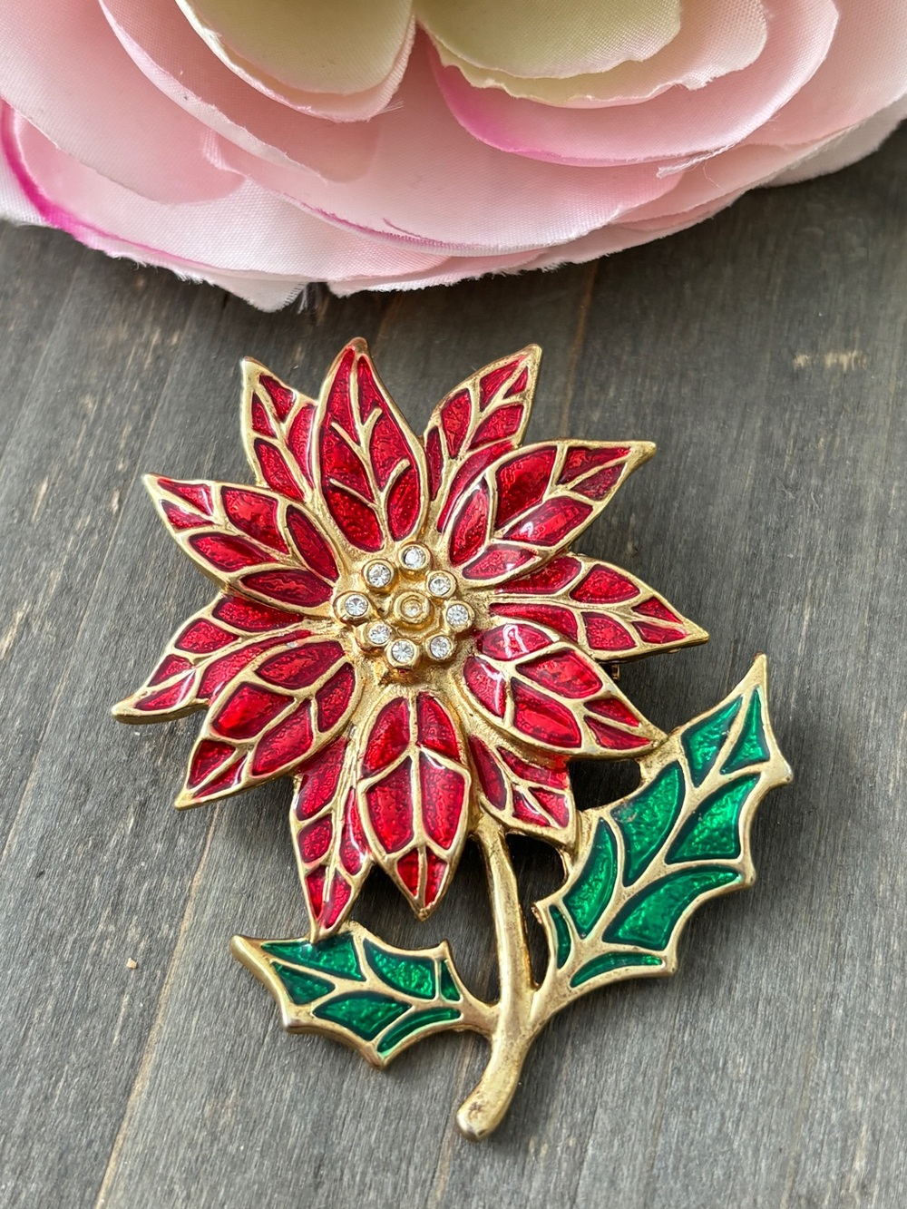 Poinsett1a Brooch Red, Green, and Gold Lovely